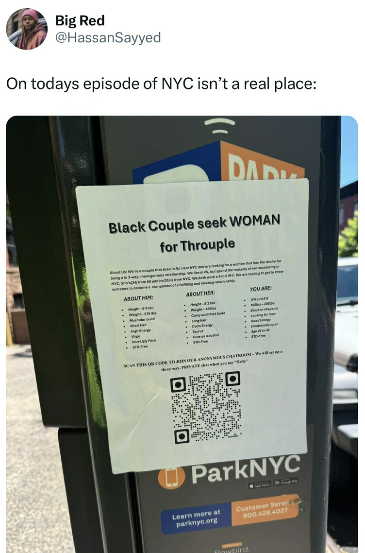 signage - Big Red On todays episode of Nyc isn't a real place Dad Black Couple seek Woman for Throuple ParkNYC Learn more at 80042840C